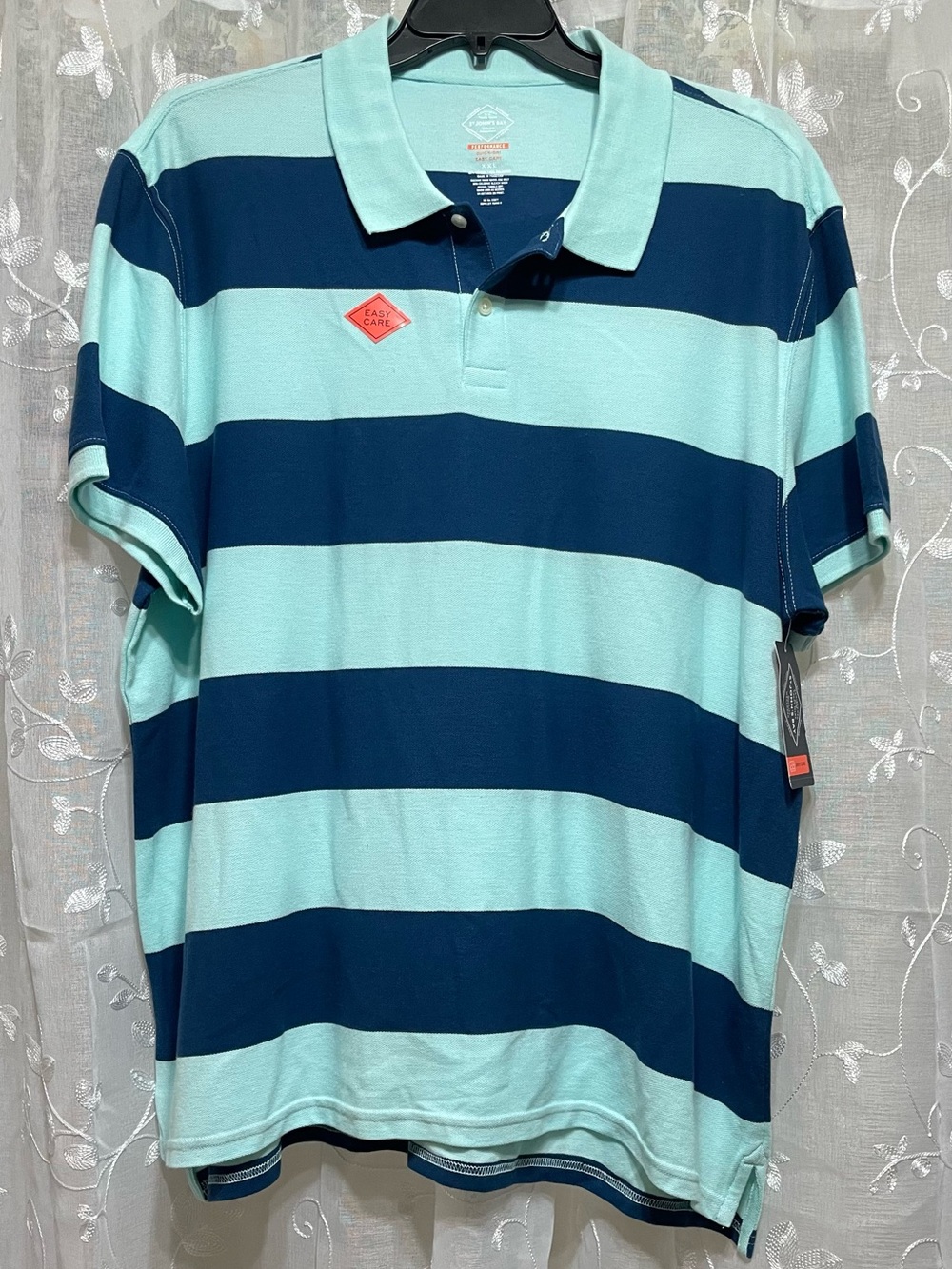St. John's Bay Aqua and Navy Wide-Stripe Polo
